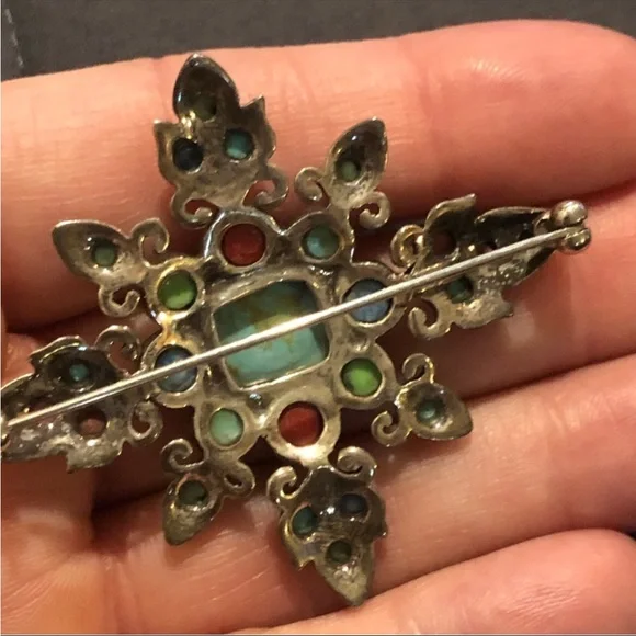 Sterling Silver Turquoise, Coral, Gaspeite Pin - Picture 2 of 4